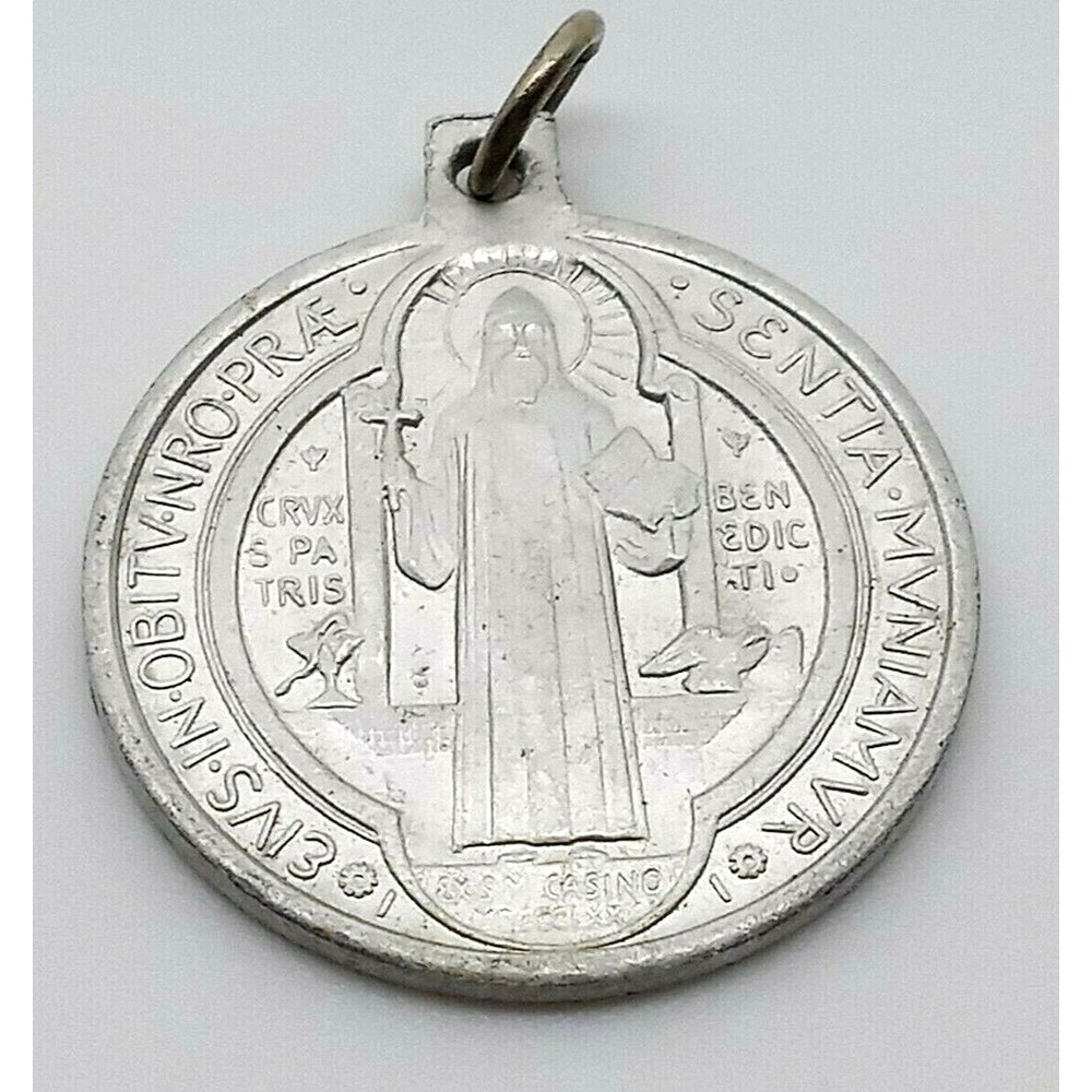 Catholic St. Benedict Holy Medal Pendant Charm Silver Tone Metal CSPB Vintage